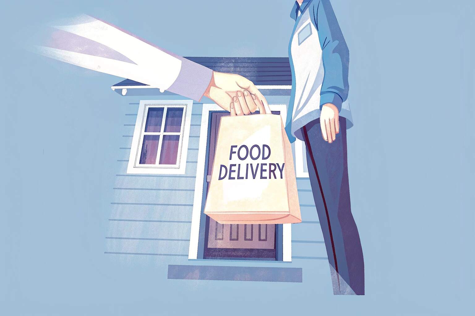 a person delivering food to a house close up angl